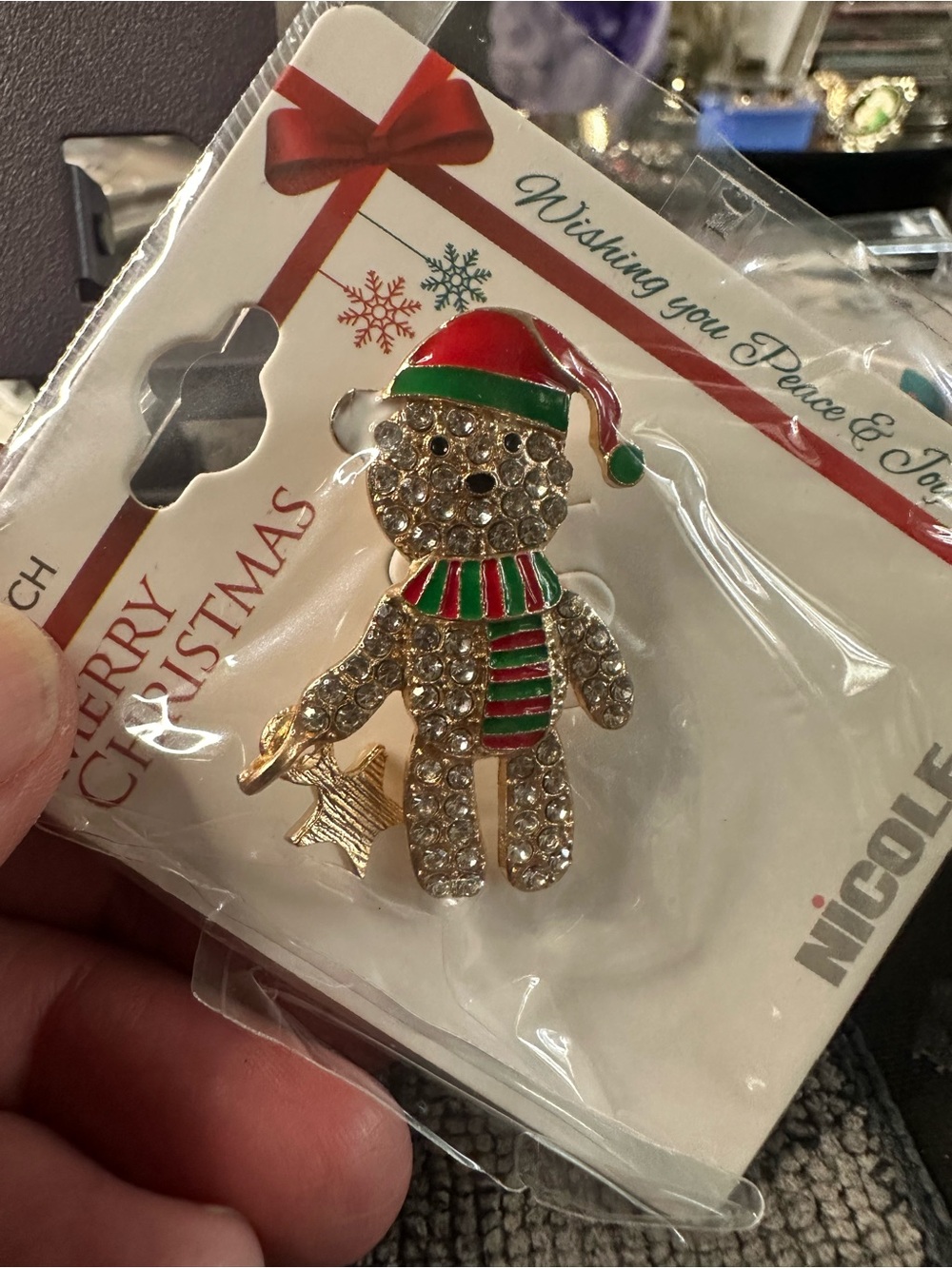 Gold Crystal Teddy Bear Brooch Pin with Red & Green Enamel Accents